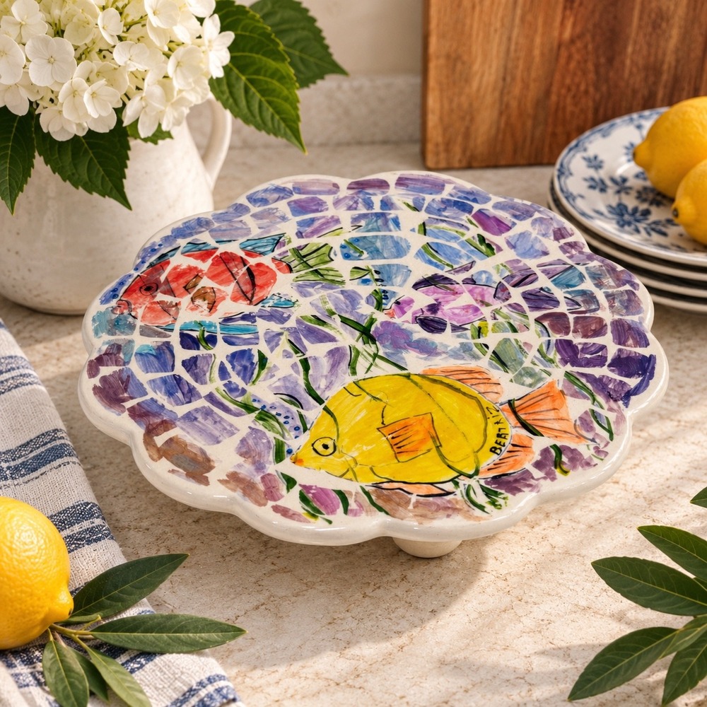 Beatriz 2002 Signed Ceramic Pedestal 9" Colorful Mosaic Fish Pedestal Cake Stand